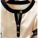 Verdusa Women's Old Money Satin Metal Button Down Blouse Short Sleeve Shirts Summer Tops Apricot Large (Beige, L)