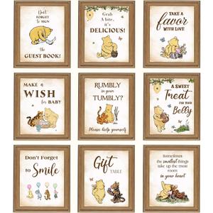 97 Decor Classic Pooh Bear Baby Shower Decorations - 9 Winnie Table Signs Decor, Vintage Pooh Quotes Winnie Party Supplies, Baby Welcome Sign For Birthday Parties, Gender Reveal, Table Centerpieces