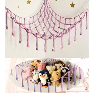 Large Stuffed Animal Hammock Corner Net for Toys Storage Hanging Stuff Animal Organizer Holder Pink Purle Girls Room Bedroom Boho Nursery Decor