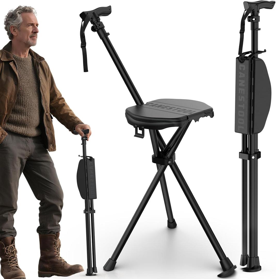 Portable Walking Cane with Seat: 330 lbs Capacity Height-Adjustable Folding Walking Stick with Seat - Lightweight Aluminum Cane Chair for Camping, Climbing, Hiking, Adults, Seniors