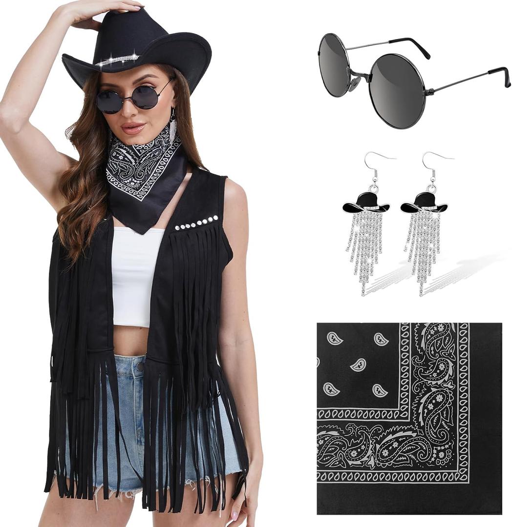 FunMular Western Outfit for Women Cowgirl Outfit Costume Accessories Cowboy Hat Fringe Vest Earring Bandana for Halloween (Large, Black)