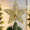 Christmas Tree Topper Star 12 Inch Gold Glitter Hollow Star Tree Topper Metal with Warm White 30 LED Lights for Xmas Decorations Ornaments Indoor Decor Holiday Party