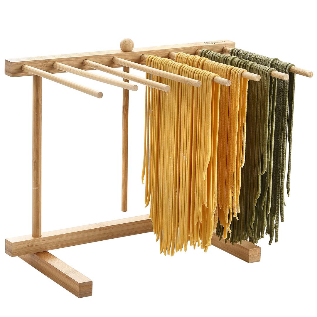 Bamboo Pasta Drying Rack with 8 Bars and Transfer Wand, Transfer for Drying Pasta and Cooking Easily, Special Suspension Design for Large Storage, Gift for House Warming