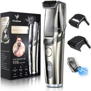 Vacuum Beard Trimmer for Men, Upgrade Adjustable Length with 2 Comb, Electric Vacuum Trimmer for Beard, Mustache and Stubble, Waterproof and Rinses Easy, High Precision Blades for Skin fit