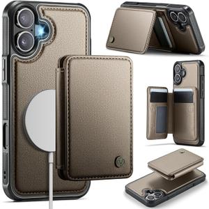 Compatible with Magsafe for iPhone 16 Wallet Case Magnetic Card Holder, RFID Blocking 2 in 1 Detachable Kickstand Shockproof Case for Women Men, Bronze Gold
