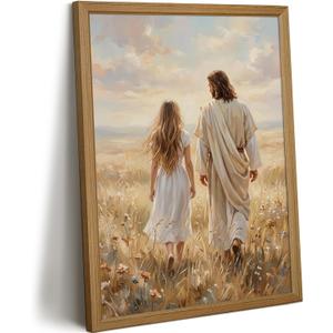 Jesus Walking With Me Wall Art Christian Canvas Wall Decor Jesus Women Poster Christ Pictures Religious Lds Art Prints Christian Portrait Painting for Living Room Bedroom 16x24 Inch Framed