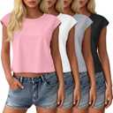 4 Pack Women's Cap Sleeve Shirts Basic Crop Tops Solid Crewneck T-Shirts Loose Fit Tank Summer Casual Tees, S