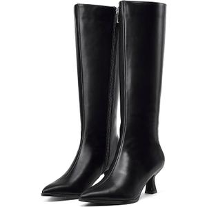 GENSHUO Knee High Boots Women Pointed Toe 2.3 Inches Kitten Heel Tall Boots Classic Fashionable Long Boots with Side Zipper (Black) 7.5
