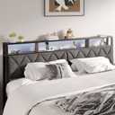 King Headboard Only, Headboard for King Size Bed with Storage, Upholstered Headboards with LED Lights & Charging Station, Attach Frame, Ideal for Bedroom/Dorm/Guest Room, Dark Grey & Brown