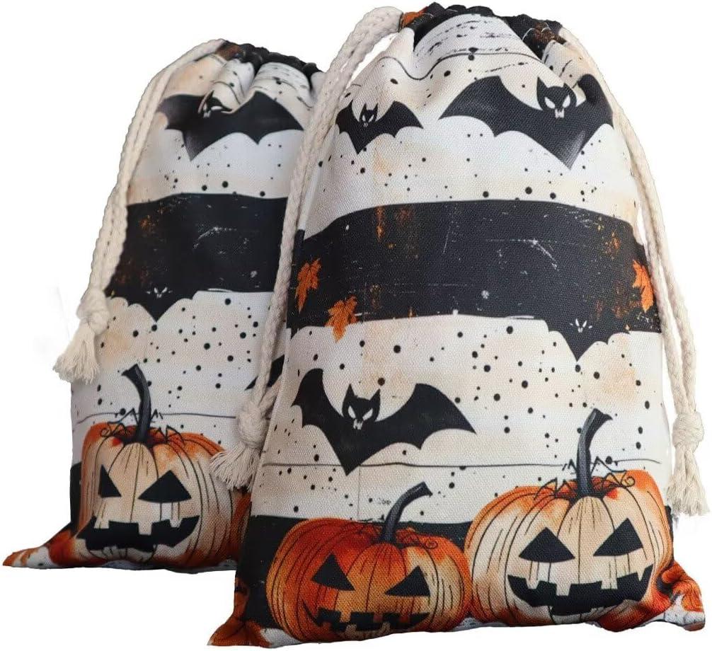 Halloween Bag 2 Pieces Printed Storage Drawstring Canvas Bag Halloween Theme Pumpkin Bat (Beige)