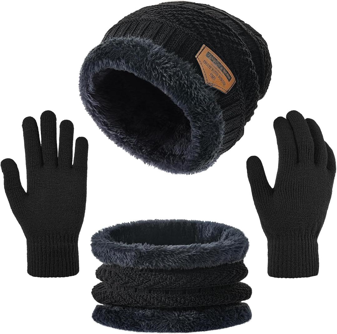 Kids Winter Beanie Hat Scarf Touchscreen Gloves Set for Boys Girls 5-15 Years Warm Skull Cap Fleece Lined Knitted Hat (Black)