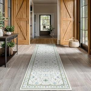 Hazo Haus Oushak 3x20 Wide Hallway Runner Rug - Vintage Turkish Floral, Washable Low Pile Non Slip 20ft Extra Long Runners for Large Kitchen, Hall Way - Blue and Green Décor