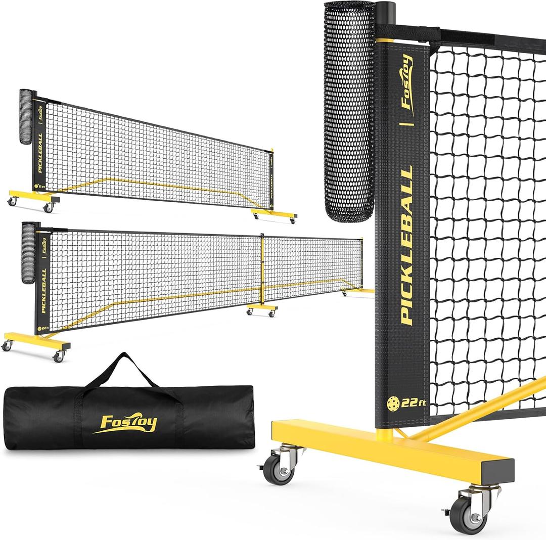 Pickleball Net with Wheels, Portable 2-in-1 Pickle Ball Net with Ball Collector,22FT Regulation Size & 11FT Half Court Size, Carry Bag, Steady Metal Frame for Outdoor Indoor Driveway, Black/Yellow