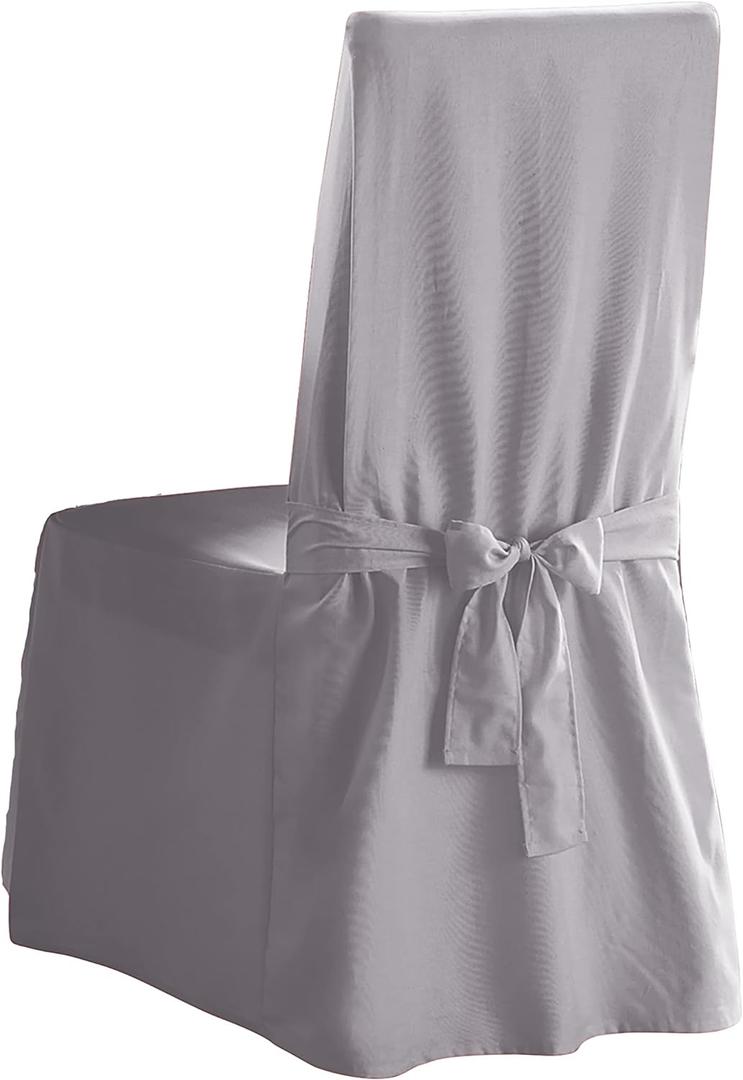 SureFit Cotton Canvas Dining Chair One Piece Slipcover, Full Length Skirt and Back Ties, Relaxed Fit, High Back Armless Chair Cover, Gray Color (Grey)