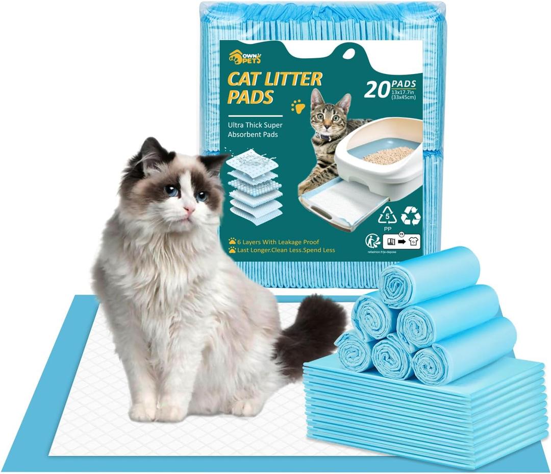 Ownpets Cat Litter Mat 17.7 x 13, Refills for Cat Litter Box, Cat Liner Pads for Litter System, Leak-Proof 6-Layer with Quick-Dry Surface, Ultra-Thick Cat Pads (20 count) (White)