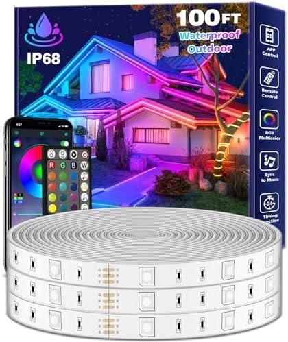 FBZ 100Ft Outdoor Waterproof LED Strip Lights,Music Sync RGB IP65 Led Lights with App Control and Remote,Color Changing Waterproof Led Rope Lights for Outdoor,Balcony,Roof,Garden,Stairs Party