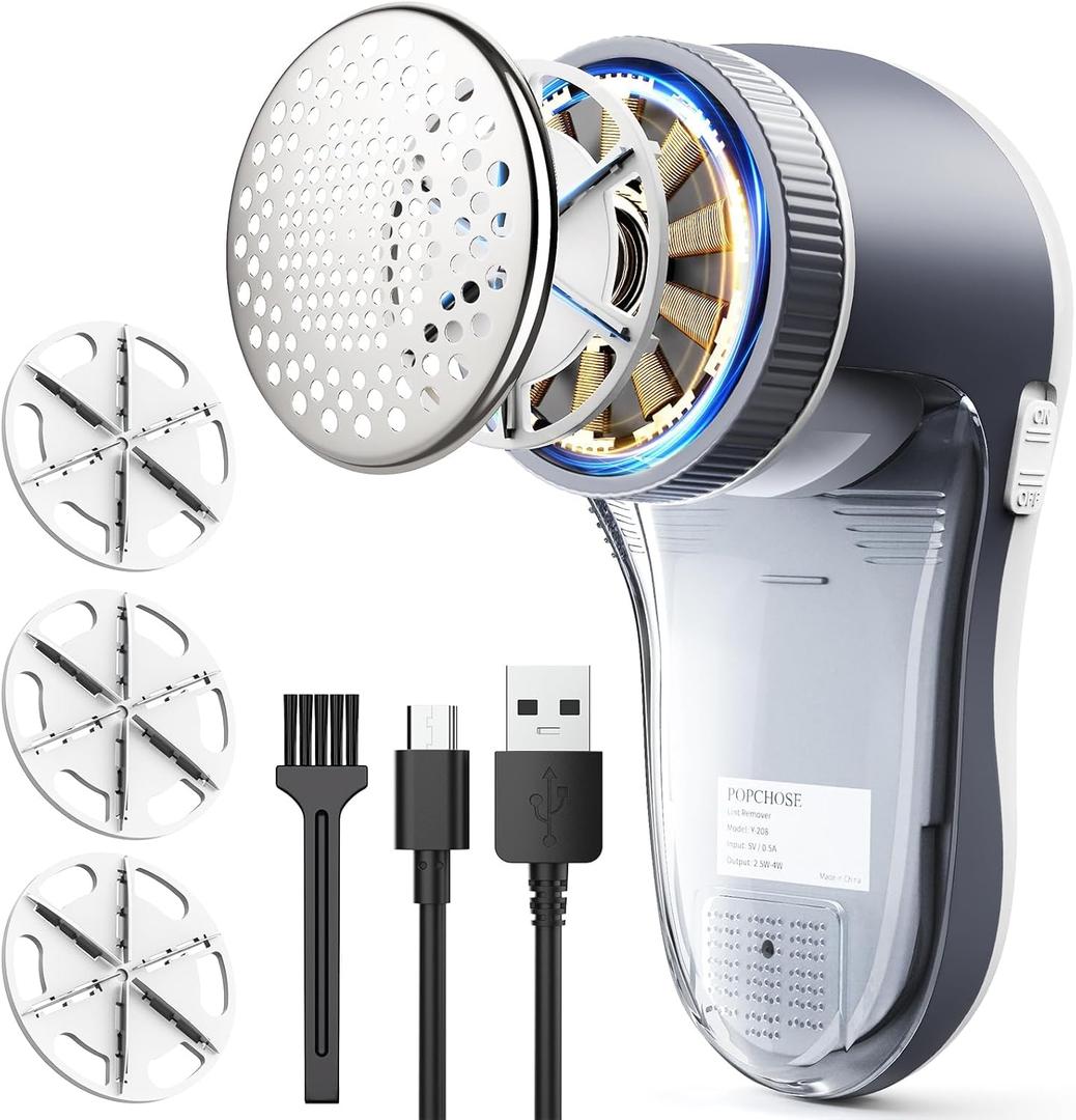 POPCHOSE Fabric Shaver, Lint Remover for Clothes, Electric Lint Shaver with 6-leaf Blades, Sweater Shavers to Remove Pilling for Clothing, Couch, Furniture, Fuzz, Lint Ball, Pillings, USB Rechargeable (Grayish White)
