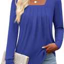 Funlingo Women's Puff Long Sleeve Tops Dressy Casual Square Neck Pleated Work Blouse Fall Trendy Tunic Flowy Chiffon Shirts (M)