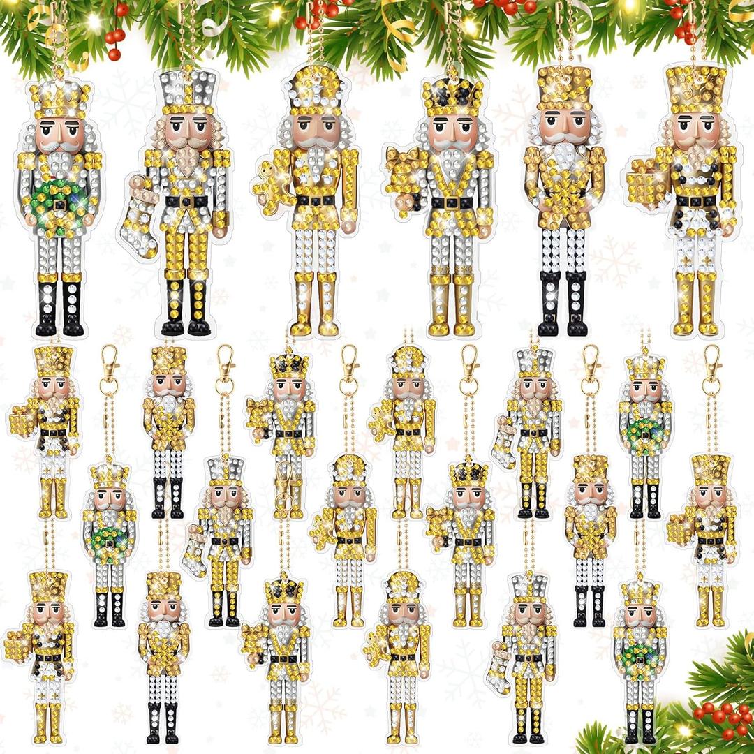 Cunno 18 Pcs Christmas Nutcracker Diamond Art Ornaments 5d DIY Painting Keychains Kits Gifts Full Drill Hanging Pendant Charms with Tool for Adult Holiday Party Decoration(Cute,Gold Silver)