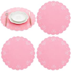 4 Pcs Pink Bow Placemats Coquette Embroidered Place Mats Pink Cotton Decorative Table Mats for Home Wedding Baby Shower Birthday Party Decor(Round Embroidered)