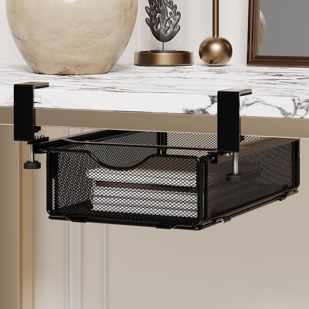 Under-Desk Drawer Slide Out Clamp-On-Desk Shelf for Office Supplies and Books Storage Metal Attachable Table Drawer Fit for Table Thickness 0.47-2.36in (Black, Normal)
