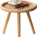 Rattan Round Coffee Table, Boho Circle Side Table End Table for Living Room, Small Mid Century Accent Table for Bedroom Balcony (Wooden)