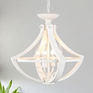 4-Lights French Country Chandelier Farmhouse Chandelier Handmade Semi Flush Mount Ceiling Light Fixture Wood Chandelier Pendant Light White Chandeliers for Entryway Foyer Hallway Kitchen Dining Room (4 Lights-White)