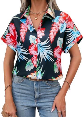 Short Sleeve Button Down Shirts for Women Summer Hawaiian Blouses Cap Sleeve Oversized Work Office Tops Solid/Floral, XL Short Sleeve Button Down Shirts for Women Summer Hawaiian Blouses Cap Sleeve Oversized Work Office Tops Solid/Floral, XL