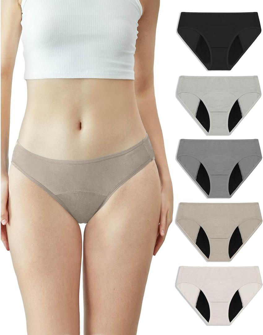 Neione Period Underwear Menstrual Panties Comfortable Modal Bikini Cheeky Briefs for Women Girls (X-Small, 5-pk Satori)
