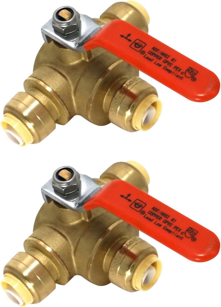 2 Pcs XFITTING Push Fit 1/2 Inch x 1/2 Inch Push Fit x 1/2 Inch Push Fit 3 Way Tee Valve, 28-5-8=2XX