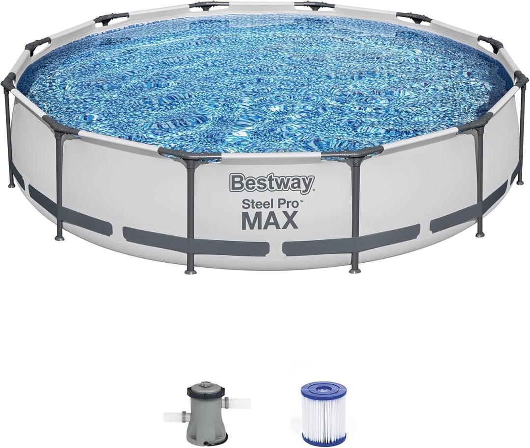 Bestway Steel Pro MAX 10 Foot x 30 Inch Round Metal Frame Above Ground Outdoor Backyard Swimming Pool Set with 330 GPH Filter Pump (Gray)