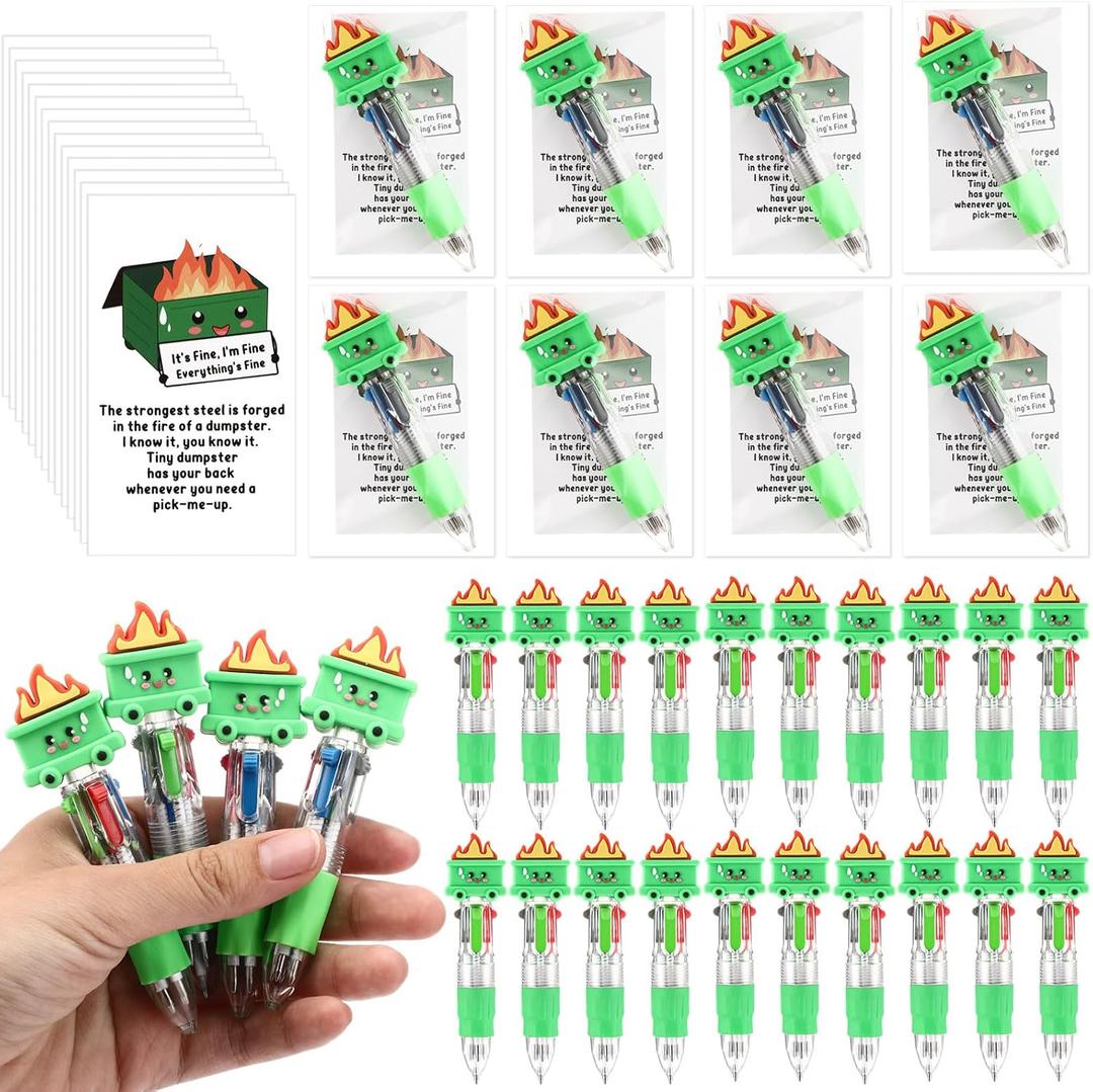 Sayglossy 50 Sets Dumpster Fire Pens Gifts Bulk, Funny Dumpster 4-in-1 Multicolor Ballpoint Pen Desk Accessories with Positive Cards for Employee Coworker Teacher Office Party Supplies