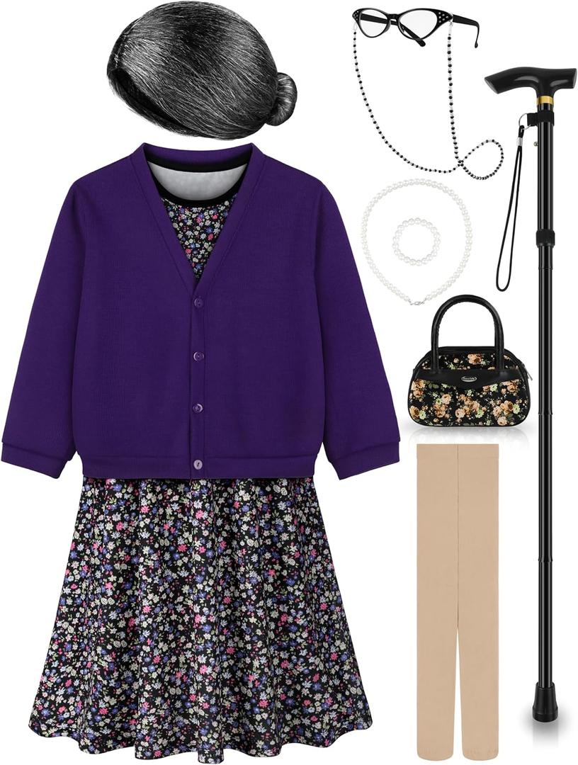 Old Lady Costume for Kids 100 Days of School Costume for Girls 100th Day of School Granny Old Lady Dress Up Accessory (5-7X, Purple)