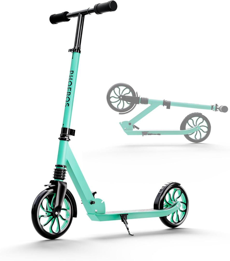 PHOEROS Kick Scooter for Kids Ages 6-12,Teens & Adults, Youth. Lightweight Aluminum Kick Scooter for Teens Adults Boys Girls with 8 inch Big Wheels, Foldable, 3 Height Adjustable, Shock Absorption. (Aquas)