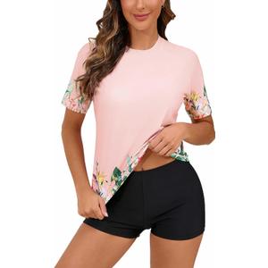 Halcurt Women's Built in Bra Rash Guard UPF 50 Two Piece Swimsuit Shirt and Board Shorts (Size X-Large, Pink Floral Shrubs/ Padded Top)