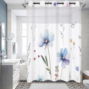 No Hook Shower Curtain with Snap in Liner Set,Modern Blue Floral Shower Curtains for Bathroom Hotel Decor 71 x 74in