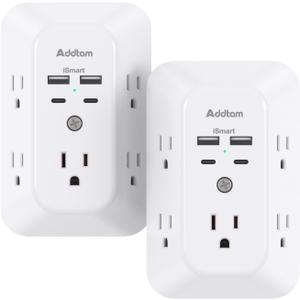 2 Pack Surge Protector Outlet Extender - Addtam 5-Outlet Splitter with 4 USB Wall Charger(2 USB-C Ports), Multi Plug Outlet Power Strip for Home, Dorm Room Essentials (White)