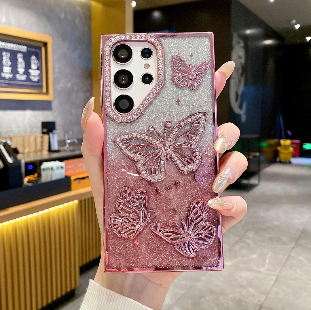 LUVI Compatible with Galaxy S25 Ultra Bling Case Plating Glitter Luxury 3D Butterfly Sparkle Cute Slim Bumper Protective Shockproof for Women Girls -Pink