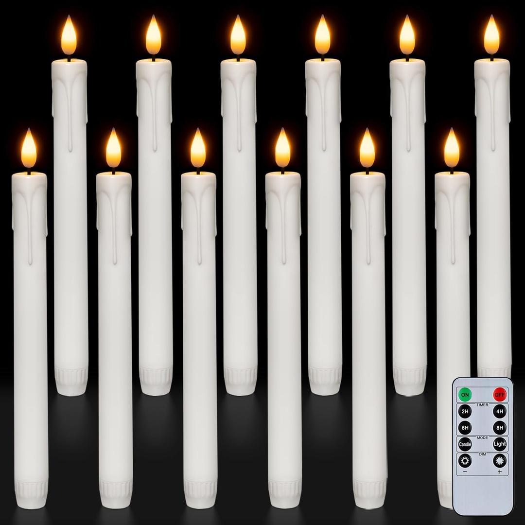 Homemory 12 Pcs Plastic Flameless Taper Candles with Remote Timer Dimmer, White Taper Candles Battery Operated with Flickering Flame Light Lifelike Led Candlesticks for Indoor Decoration 9.6 Inches