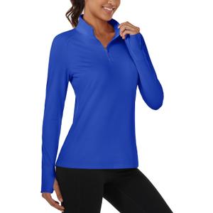 MAGCOMSEN Quarter Zip Pullover Women Fleece Shirt Thermal Long Sleeve Athletic Running Tops Thumb Hole (Large, Coloured Blue)
