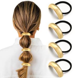 4PCS Gold Hair Ties, Metal Hair Ties for Thick Hair, Elegant Durable Round Geometric Design Hair Cuffs, Gold Hair Accessories Stretchy Non-Damage Ponytail Holders (Gold Set 04)