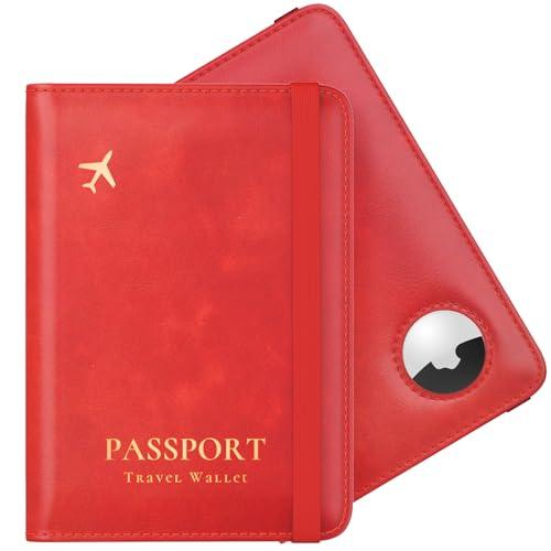 Stouchi AirTag Passport Holder, Simple Passport Holder with Airtag Slot, RFID Passport Wallet Cover for Women, Family Leather Passport Protector Case, Anti-Lost Travel Accessories, Red