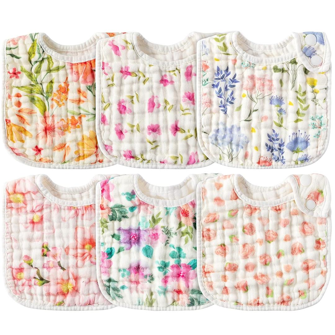 Zainpe 6Pcs Snap Muslin Cotton Baby Bibs Flowers Pattern Infants Feeding Bib Adjustable Machine Washable Girls Burp Cloths Unisex Drool Cloth with 6 Absorbent & Soft Layers for Eating and Teething (Pink Purple)