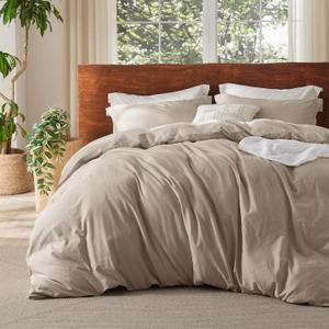 Bedsure 100% Washed Cotton Duvet Cover Oversized Queen - Khaki Minimalist Cotton Duvet Cover Linen Like for All Seasons - GentleSoft Plain Simple Bedding, 3 Pieces (Khaki, Oversized Queen, 98"x98")