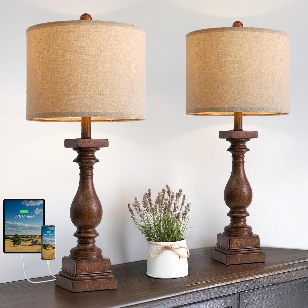 BOBOMOMO 27" Farmhouse Living Room Lamps with USB-A +C Ports, Vintage Rustic Bedside Night Stand Lamps Set of 2, Linen Shade, Retro Side Table Lamps for Living Room, Bedroom (Blubs not Included) (Brown)