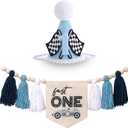 Fast One Race Car HighChair Banner - Milestone Set High Chair Banner & Hat, Blue Decor 1st Birthday Celebration, First Lap Event Baby Photo Props