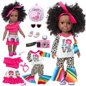 XFEYUE14.5 inch Black Doll and 2 Sets Clothes Accessories, African American Baby Girl Doll Including Glasses, Camera, Bag &Shoes for Kids Girls