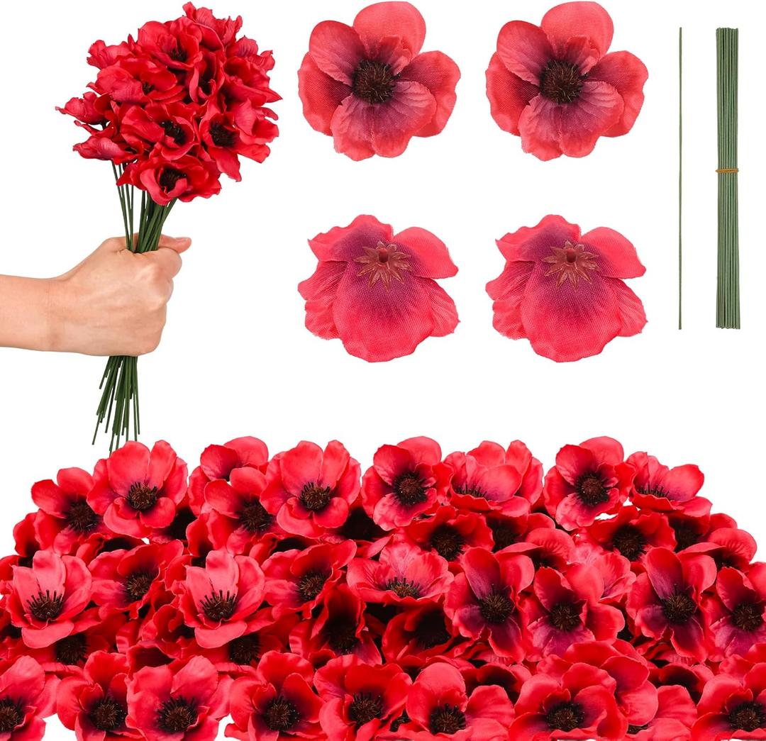 50Pcs Poppy Artificial Flowers Fake Poppies Head with Flower Branch for Veterans Day Remembrance Bouquet Memorial Day Corsages Home Kitchen Floral Wreath Garland Cake Ornaments Decoration (Red)