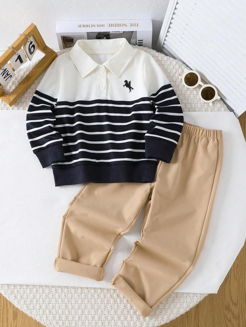 Toddler/Little Boys Long Sleeve Polo Sweatshirt Set Breathable Pullover Striped Outfits 2 Piece Set Stripe Polo 6T