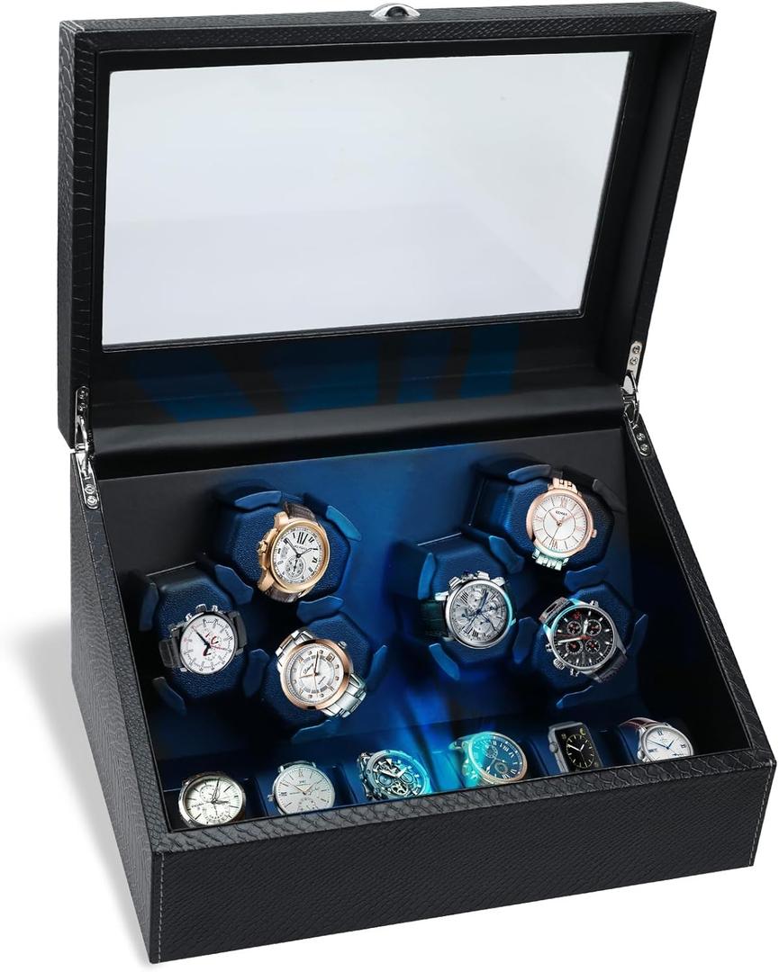 Watch Winder for Automatic Watches, Automatic Watches with Watches Storages, Automatic Watch Winder with Blue Backlight and Foam Pad, 4 Rotation Modes Rotating Watch Box